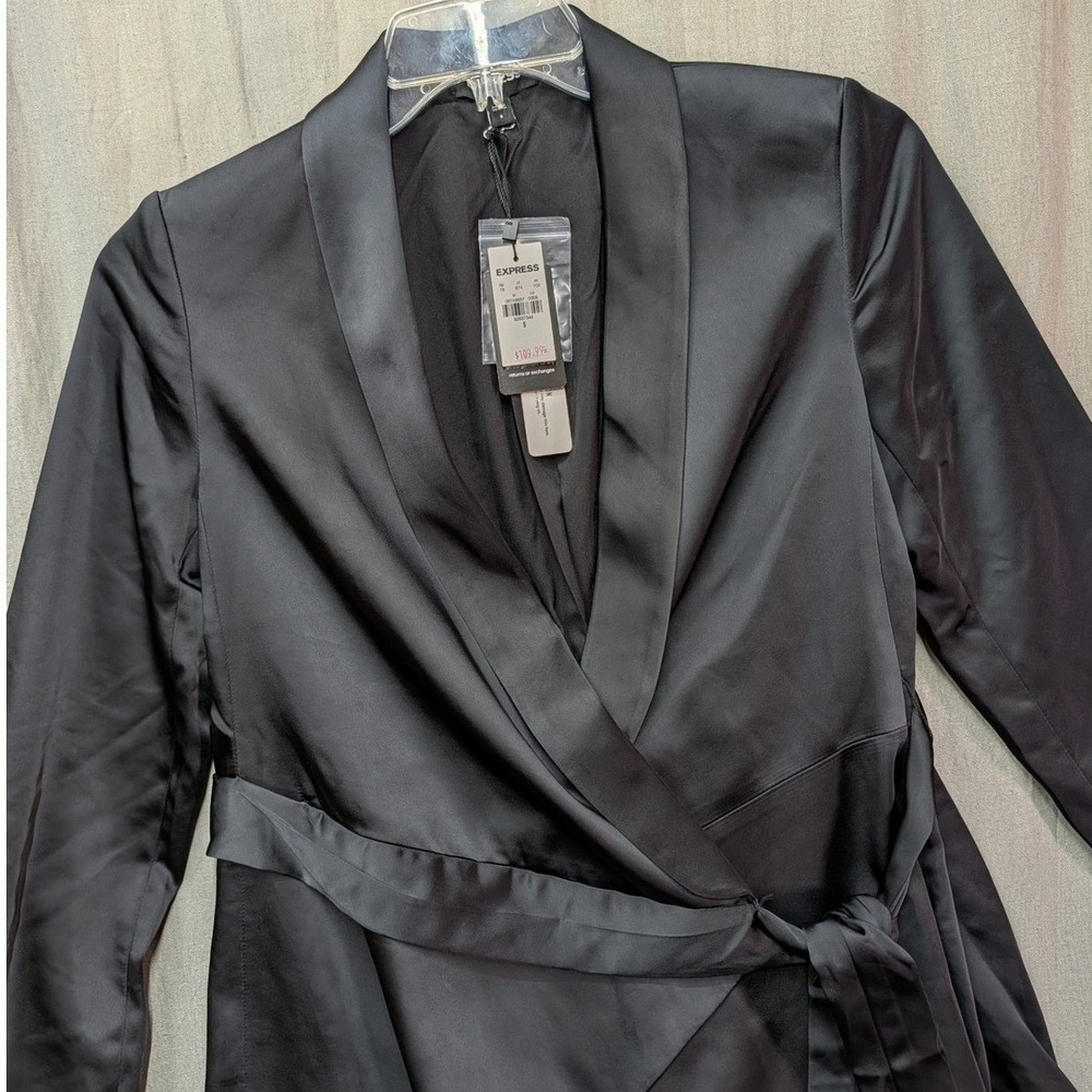 Express Women Black Satin Shawl Collar Tie Waist Wrap Blazer Jacket Small NWT
